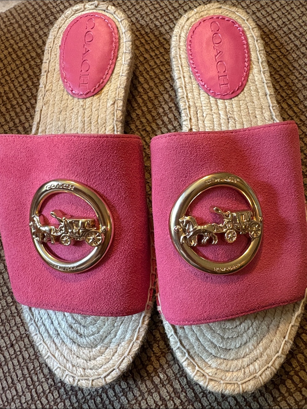 Woman’s Cory Coach Pink Suede Slide Espadrilles with Gold Logo Accent-Size 7.5